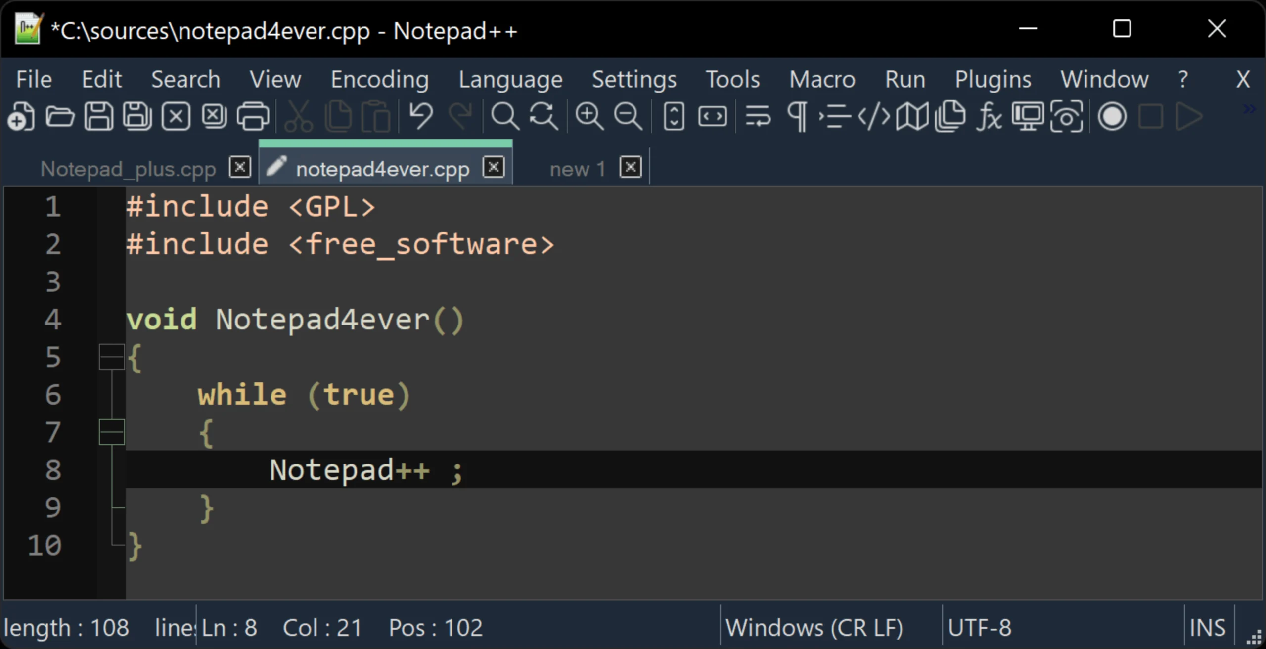Notepad++ UI screnshot - Dashboard