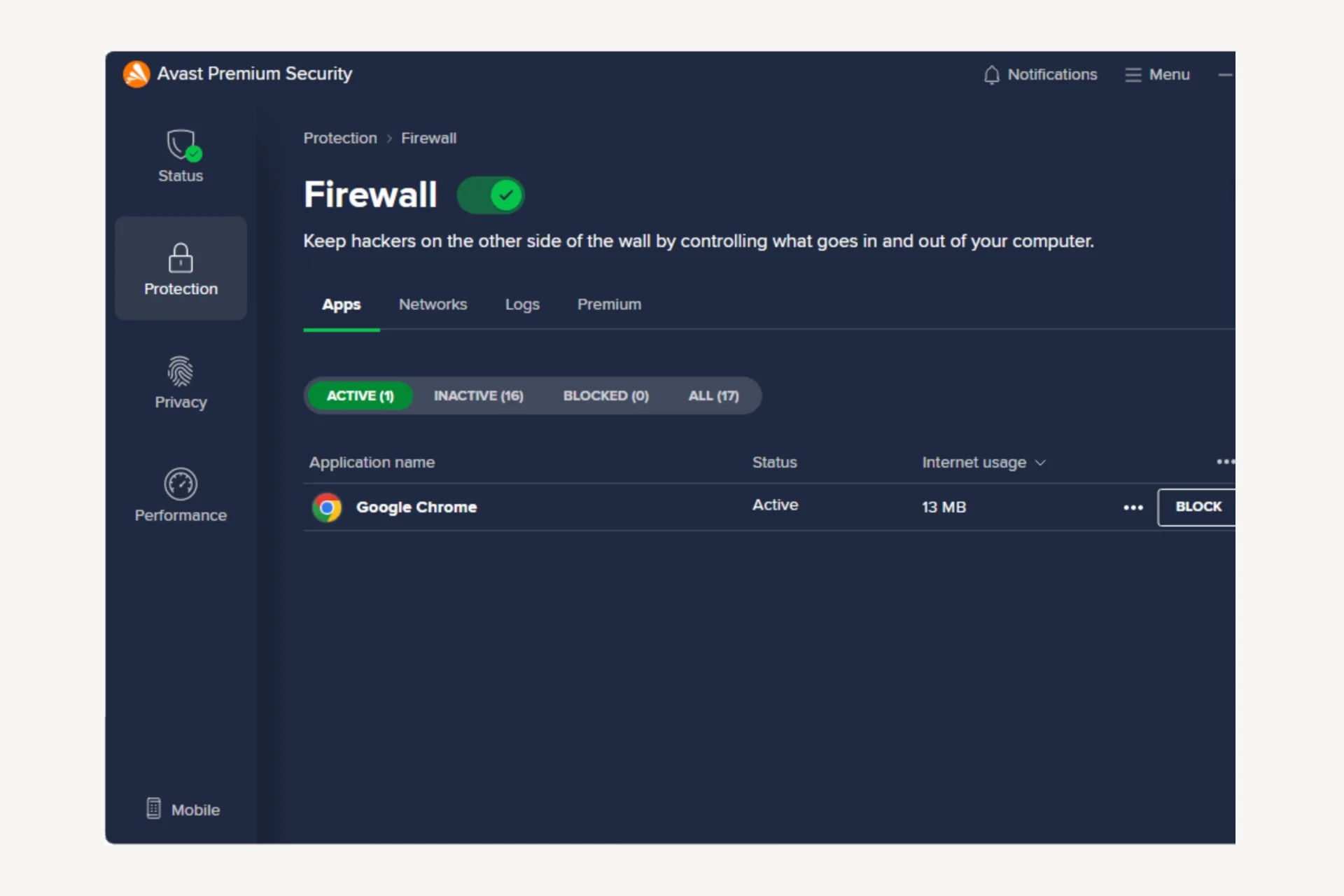 Avast firewall settings screen showing operating modes and per-application rules