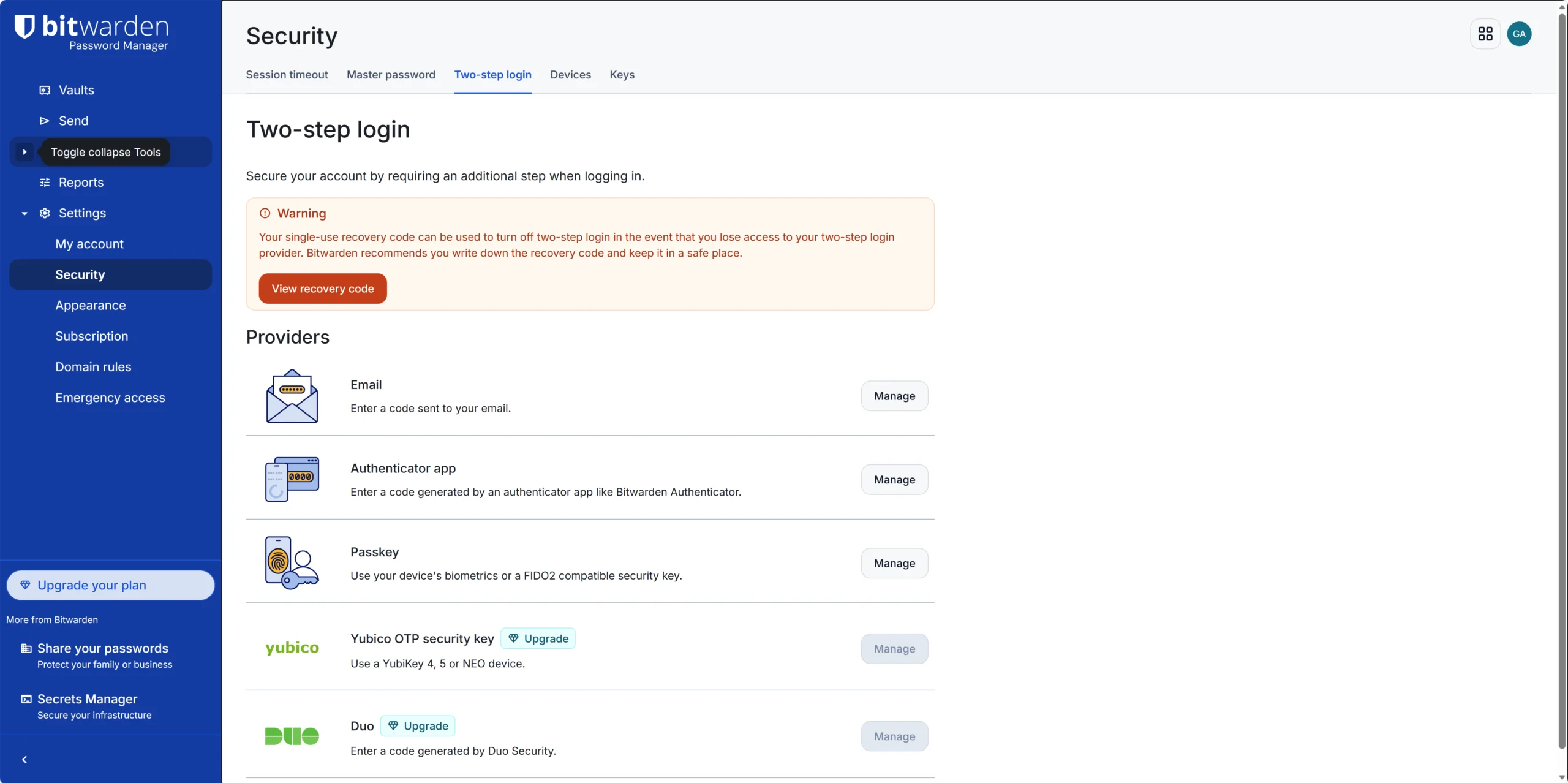 Bitwarden two-step login settings showing hardware security key options locked behind Premium