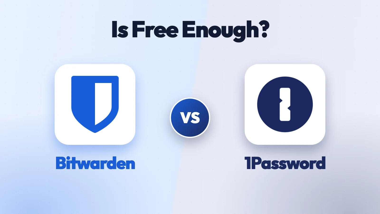 bitwarden-vs-1password-is-free-enough-featured Bitwarden and 1Password logos facing off under the question, is free enough