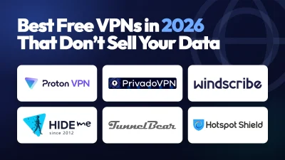 Logos of the six ranked free VPNs: Proton VPN, PrivadoVPN, Windscribe, hide.me, TunnelBear, Hotspot Shield