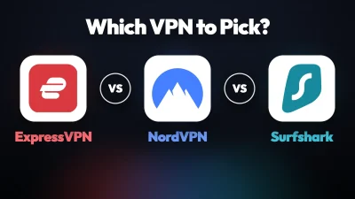 ExpressVPN, NordVPN and Surfshark app icons side by side on a dark comparison thumbnail