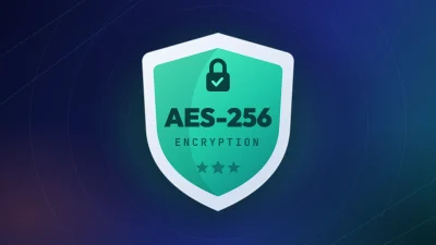 Green shield badge with a padlock and check mark, labelled AES-256 Encryption