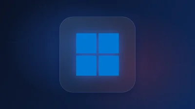 Glowing blue four-pane Windows icon on a dark navy background