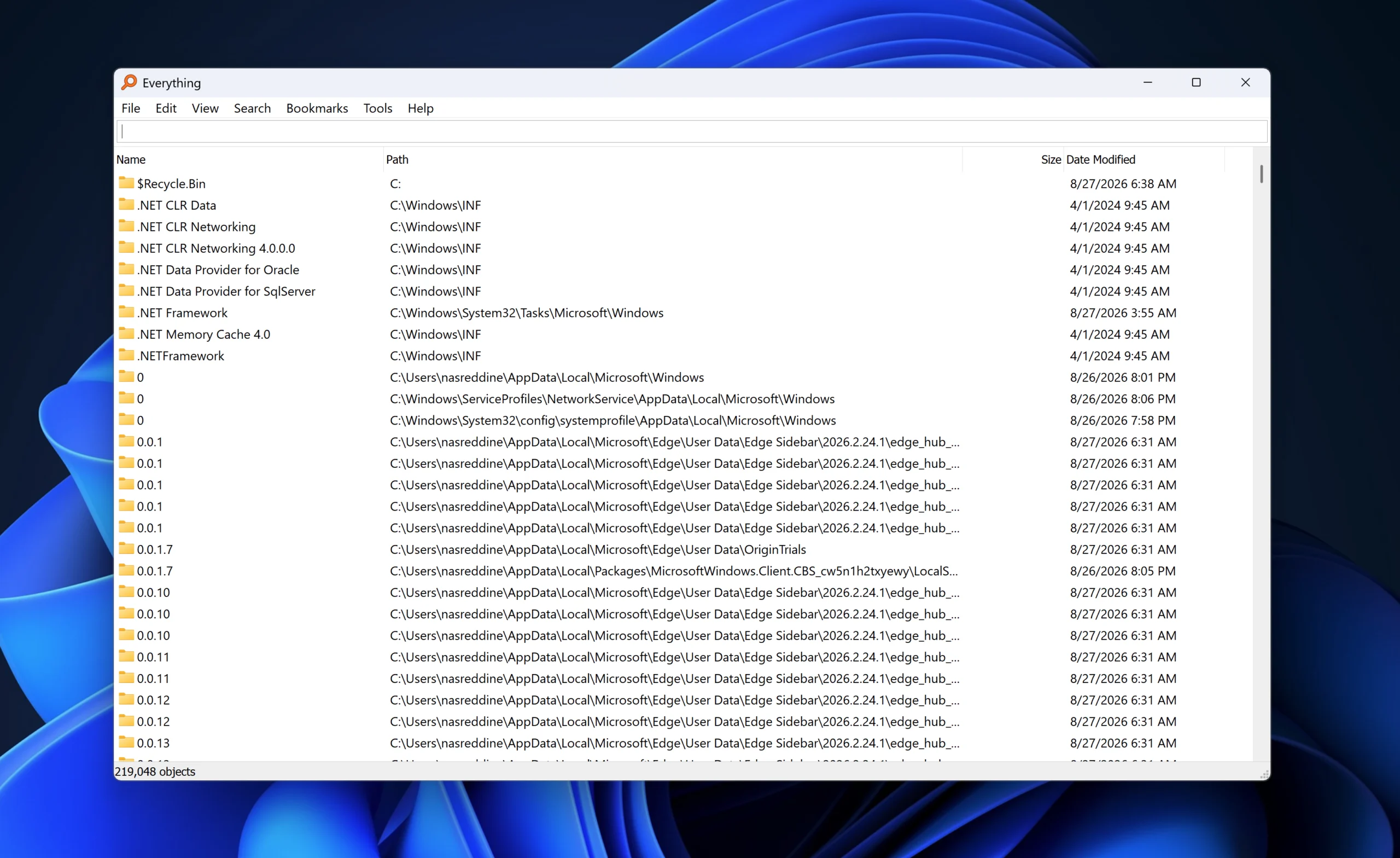 Everything window listing matching files as a partial search term is still being typed
