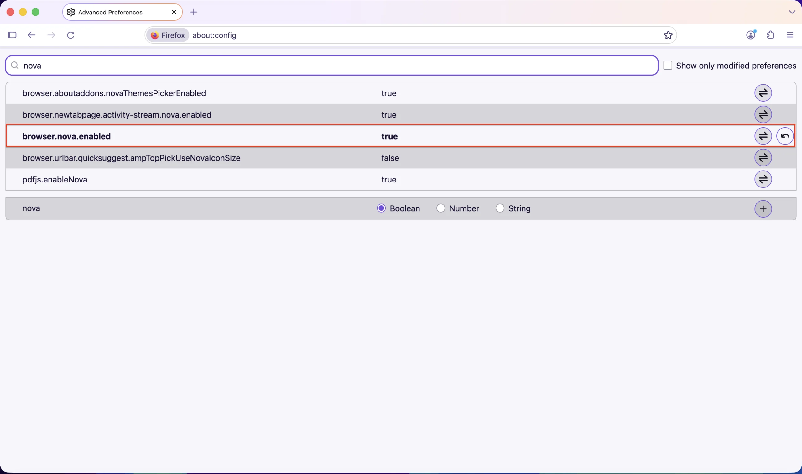 The browser.nova.enabled preference set to true in the Firefox about:config list