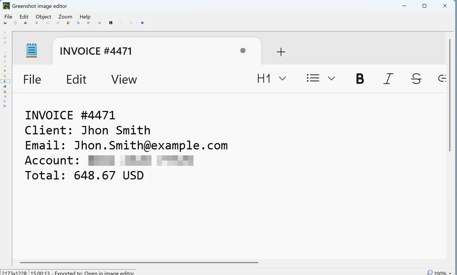 Greenshot editor with a pixelated block covering an account number before export