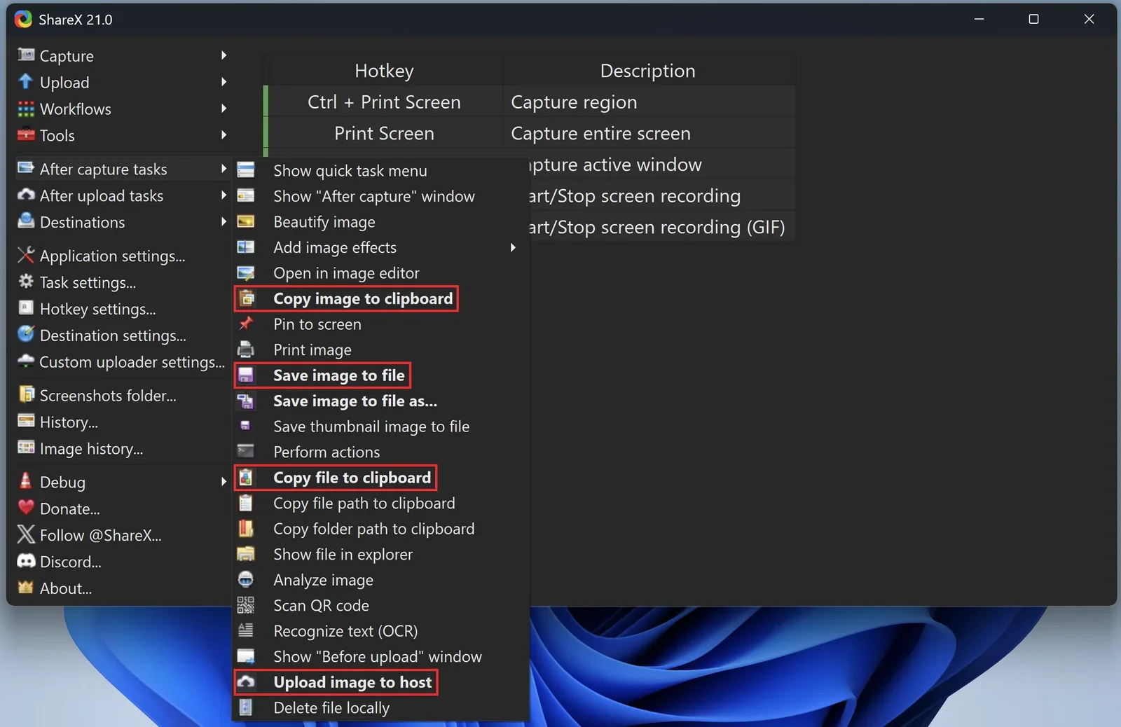 ShareX After capture tasks menu with save to file, copy to clipboard and upload to host enabled