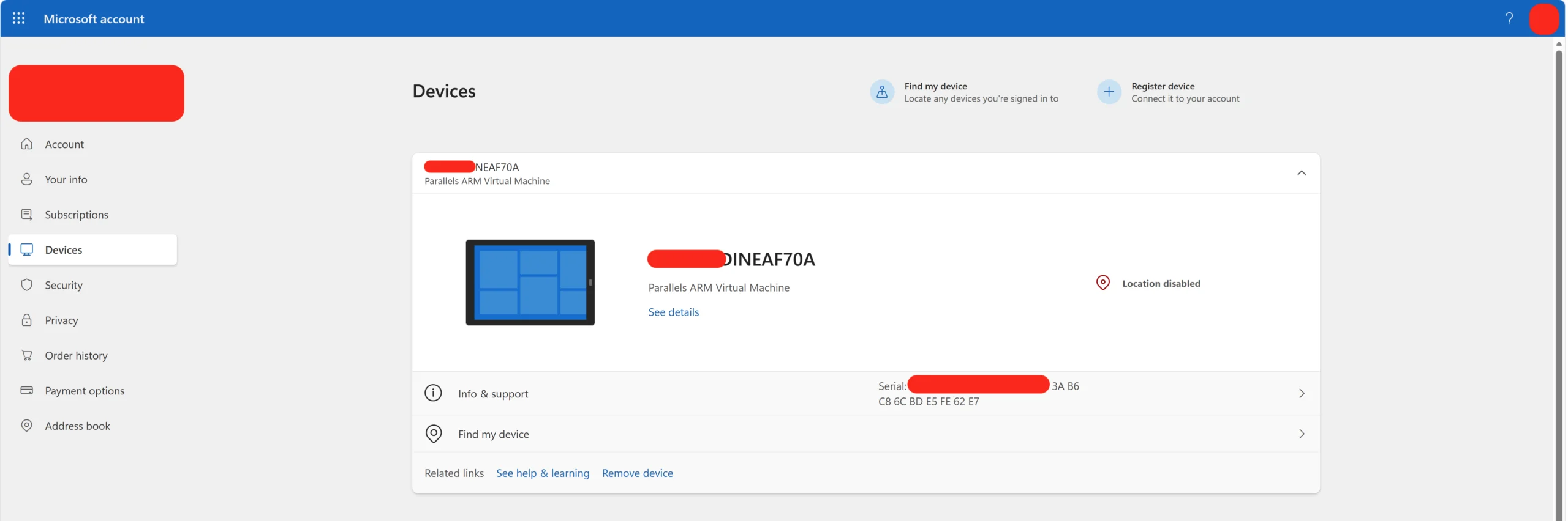 Microsoft account devices page listing the PC by its device name