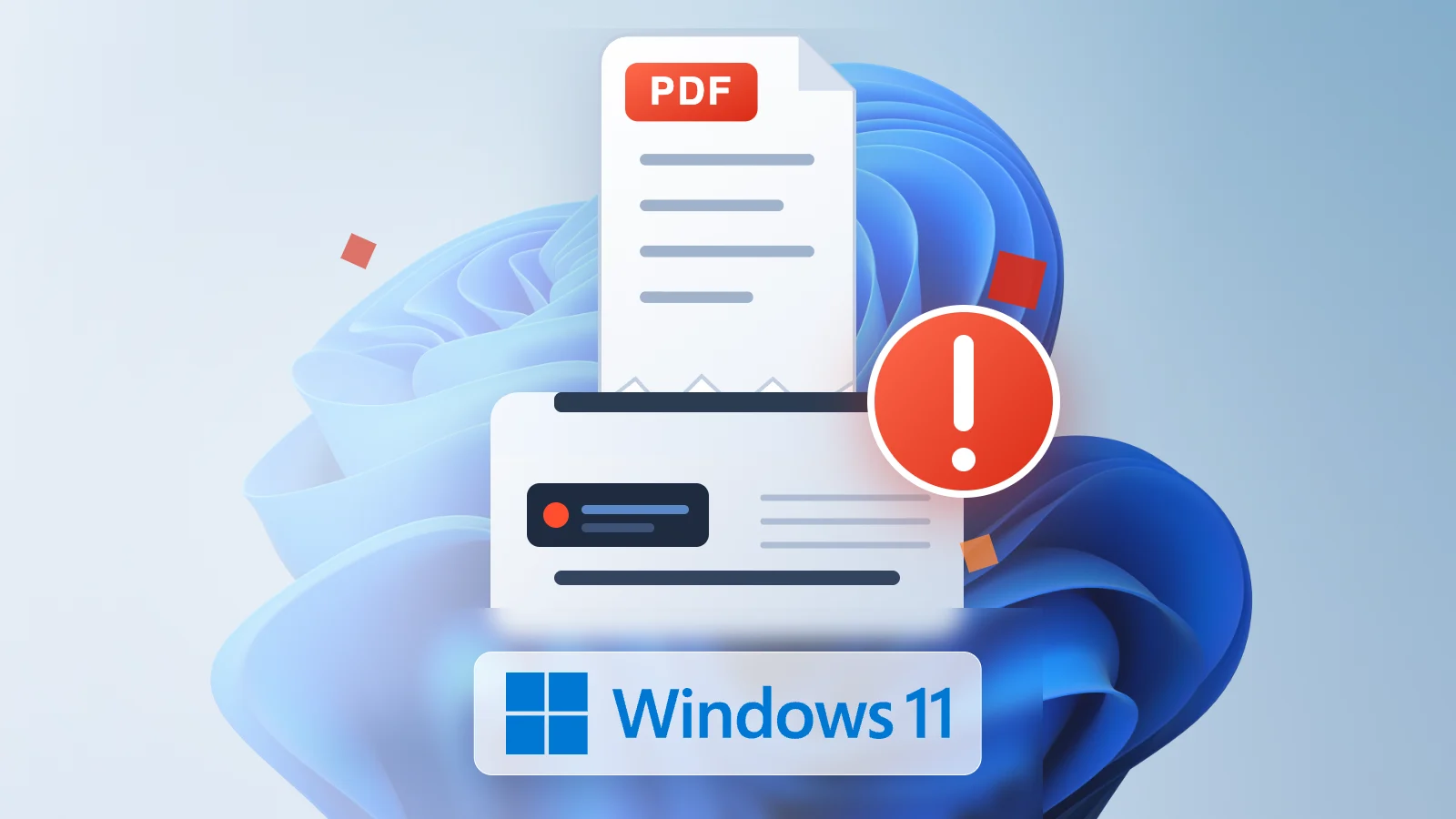 microsofts-august-update-breaks-printing-featured PDF page stuck in a printer with a red error badge and Windows 11 branding