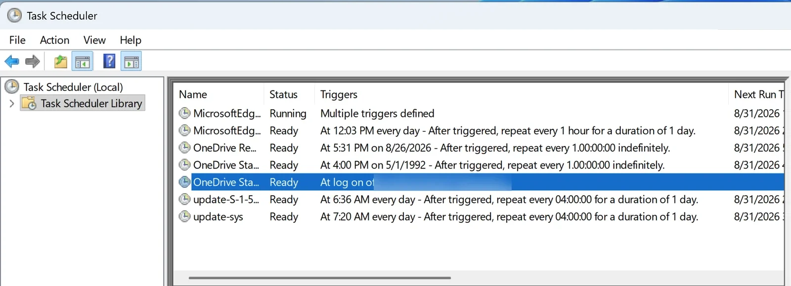 Windows Task Scheduler Library showing the list of scheduled tasks
