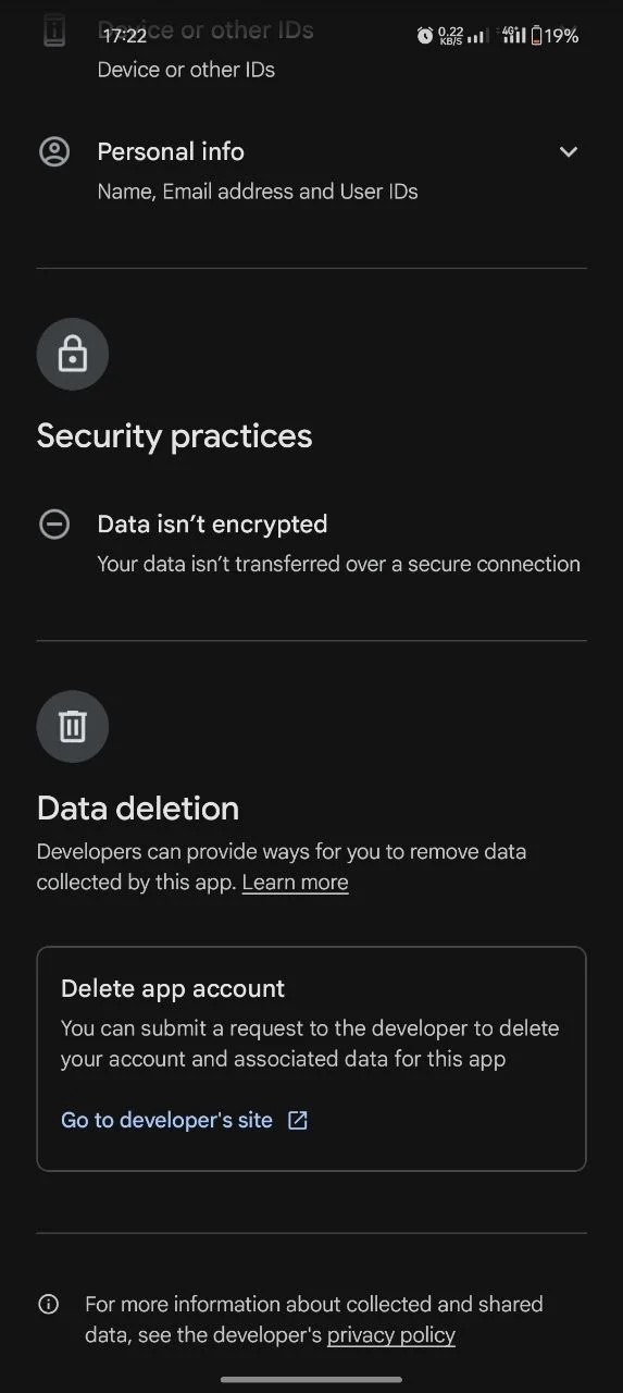 Play Store Data Safety panel stating UC Browser data is not encrypted in transit