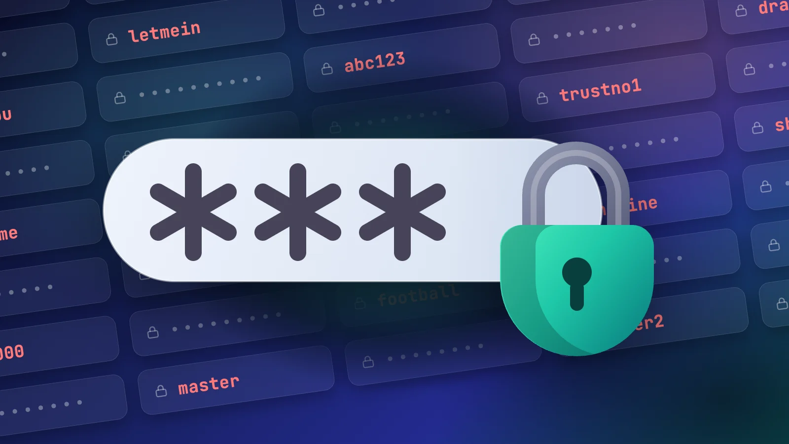 why-you-should-use-a-password-manager-yes-still-featured a masked password field beside an open padlock over rows of weak leaked passwords