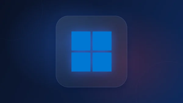 Glowing blue four-pane Windows icon on a dark navy background