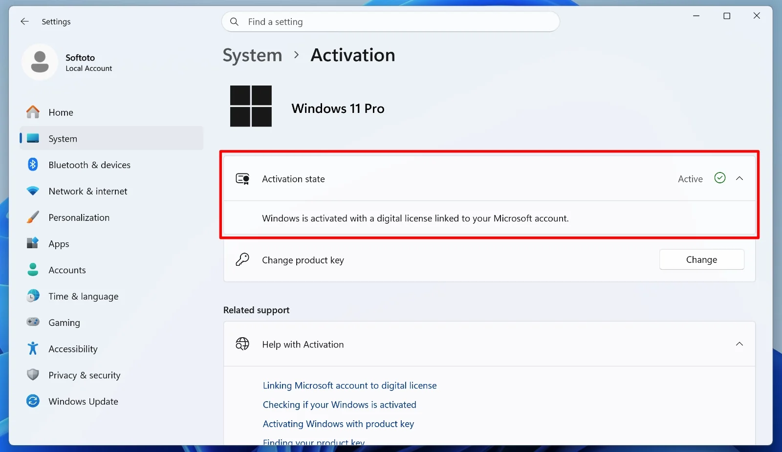 Windows Activation page showing Windows is activated with a digital license