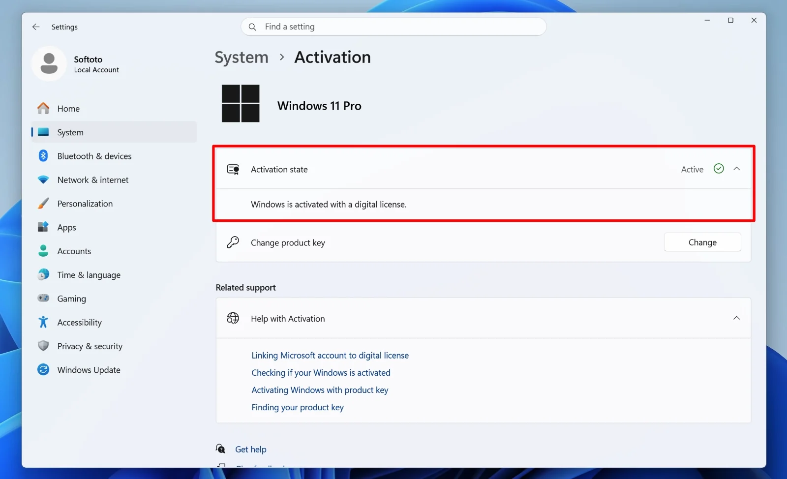 Windows Activation page showing Windows is activated with a digital license