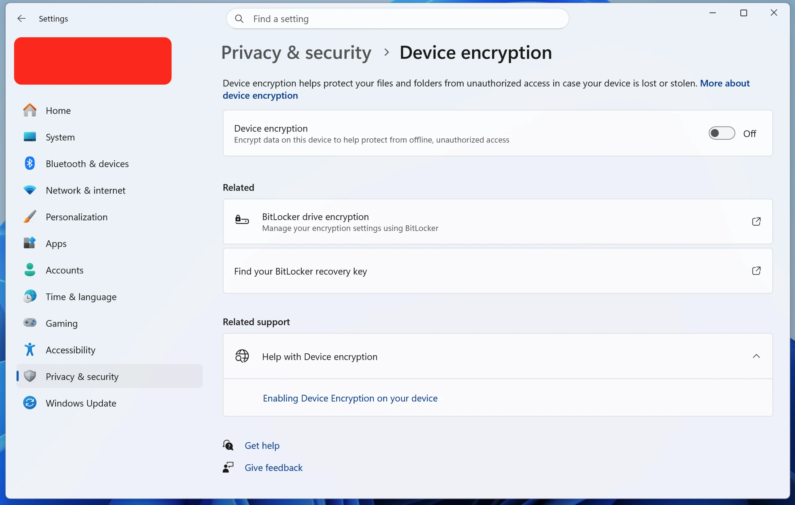 Device encryption settings with the back up your recovery key option showing
