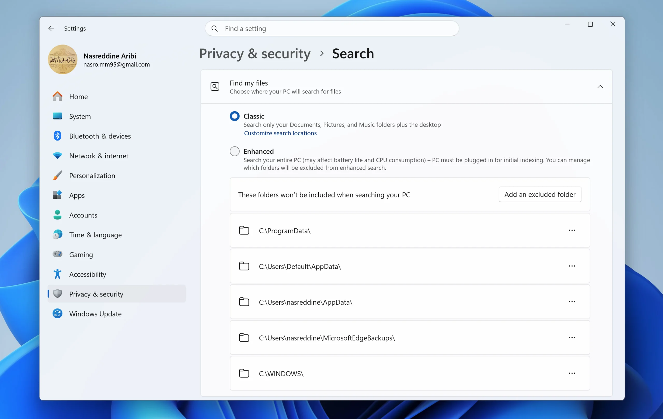 Windows search settings showing the Classic and Enhanced options under Find my files