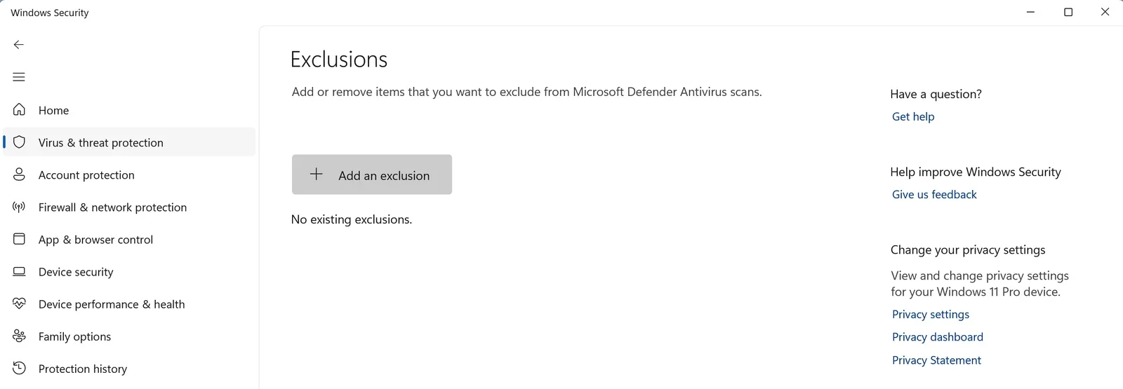 Windows Security exclusions page where malware can hide its own folder