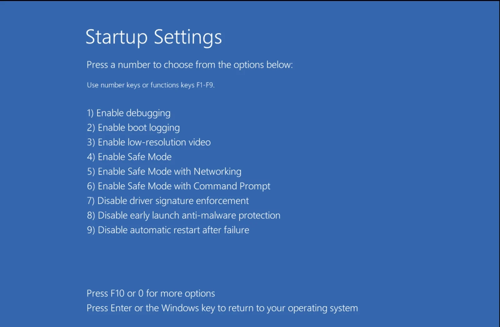 Windows Startup Settings screen listing Safe Mode boot options