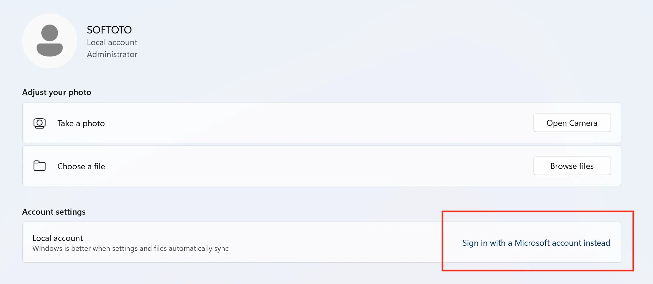 Windows Your info settings showing the sign in with a Microsoft account link
